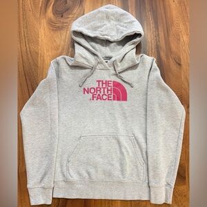 The North Face Light Gray Hoodie with Pink Logo